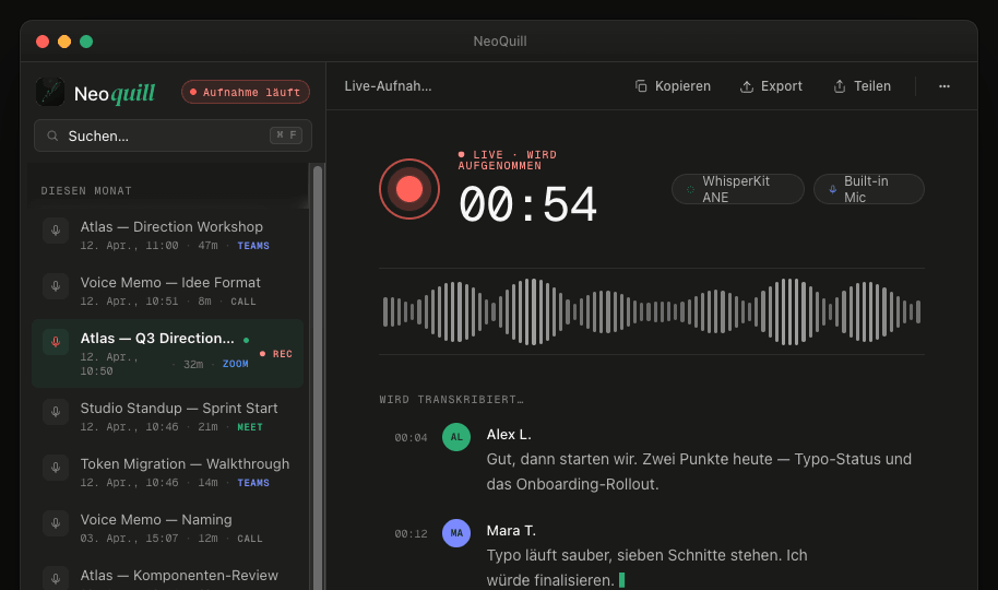 Quill Aufnahme-Ansicht: Live-Timer, Waveform, WhisperKit transkribiert in Echtzeit